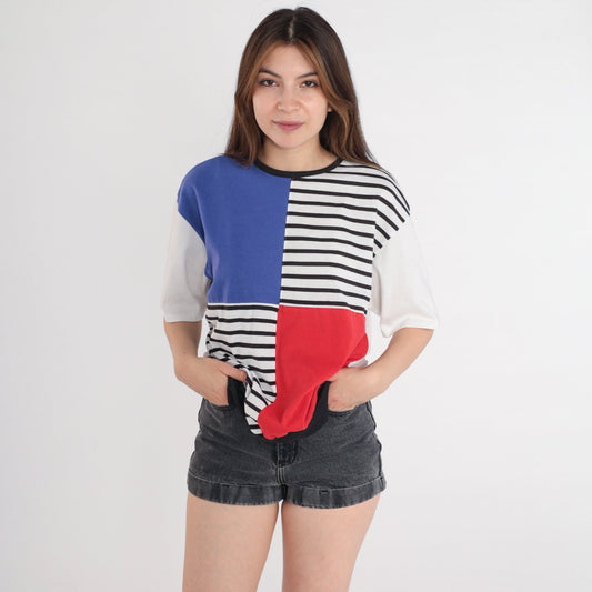 90s Striped Colour Block T-Shirt White Black Red Blue Short Sleeve Medium M