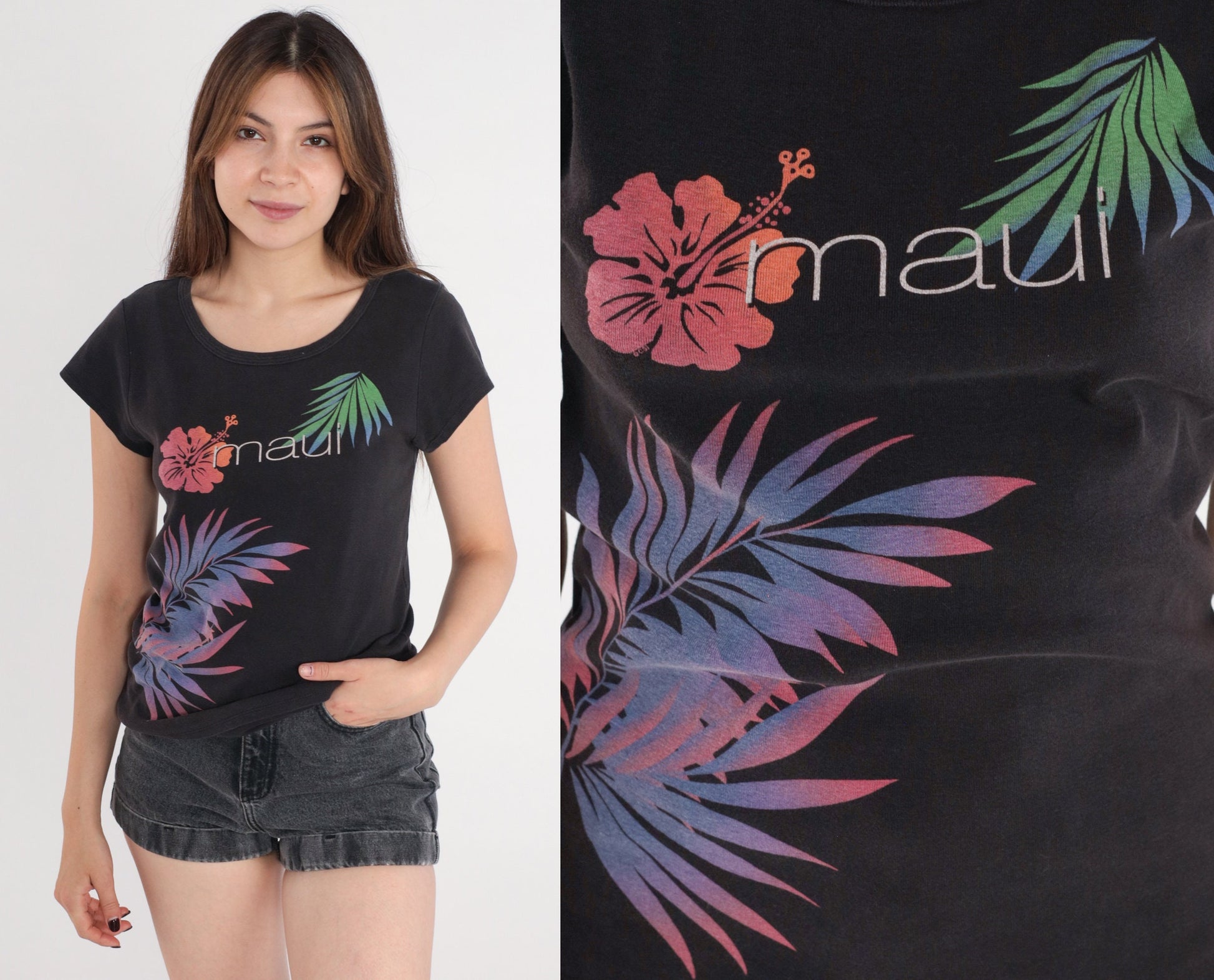 Y2K Crazy Shirts Maui Tropical Floral Graphic Tee Black Cotton Medium