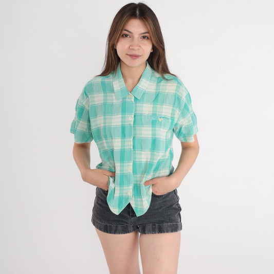 90s Plaid Button Up Blouse White Mint Green Checkered Short Sleeve Medium