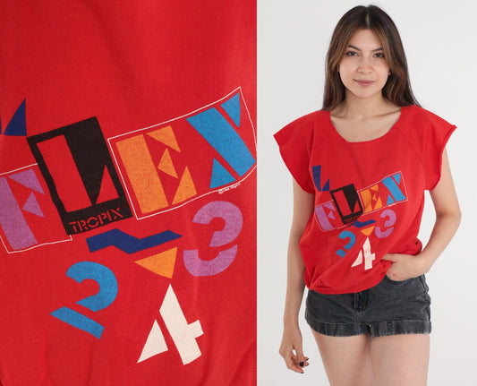 80s Tropix Flex Red Short Sleeve Sweatshirt Graphic Crewneck Medium