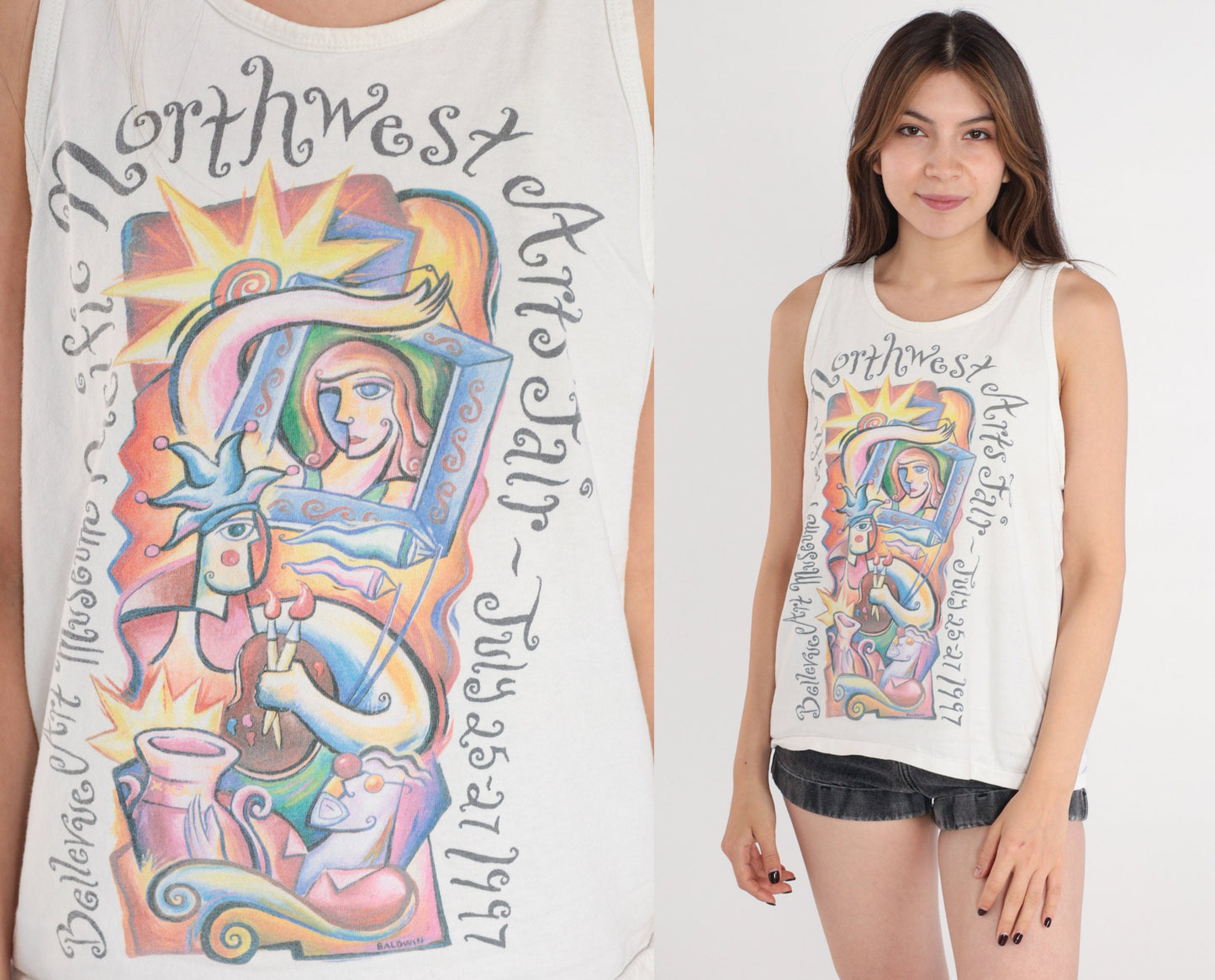 1997 Bellevue Arts Fair Seattle Tank Top White Graphic Tee Medium M