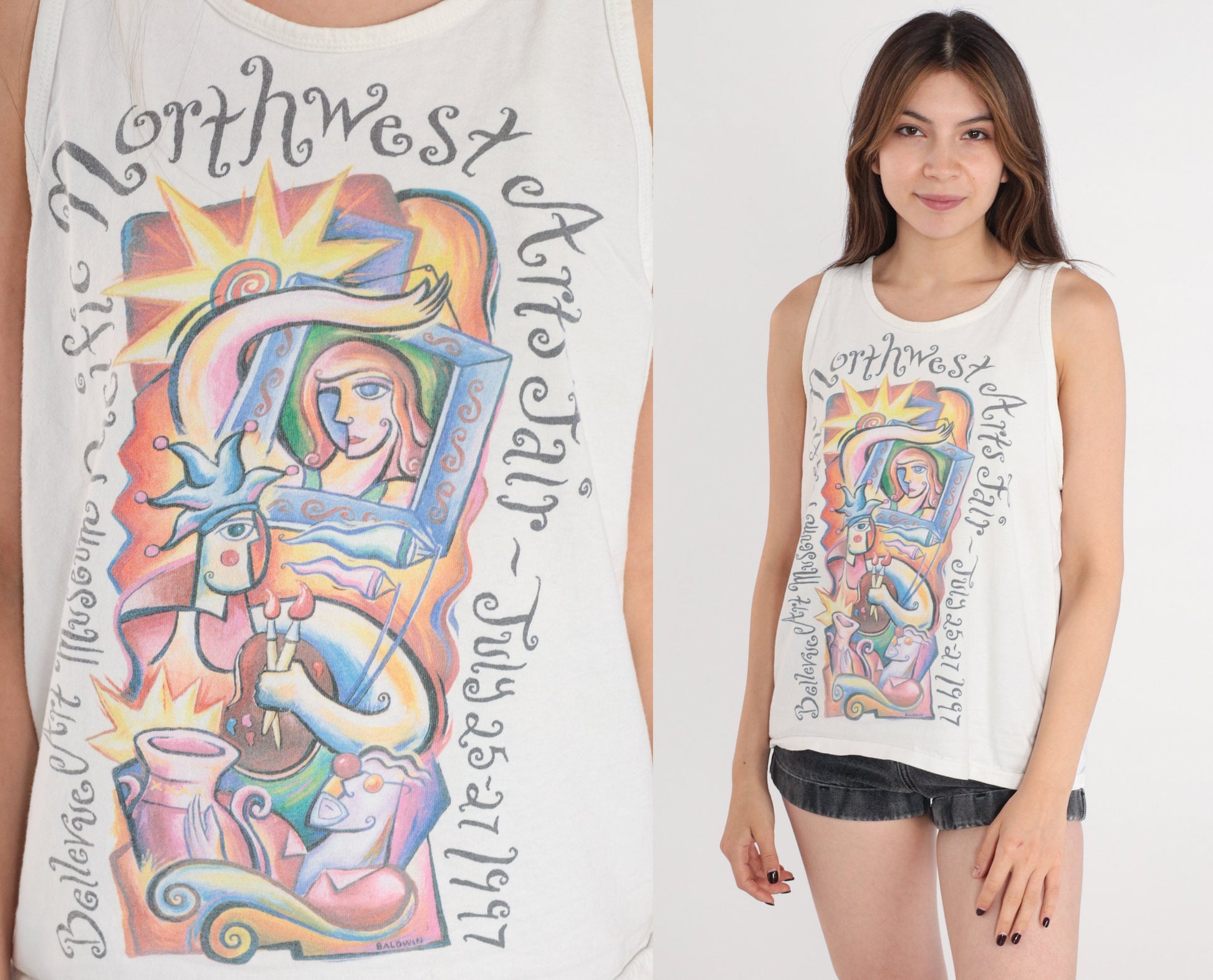 1997 Bellevue Arts Fair Seattle Tank Top White Graphic Tee Medium M