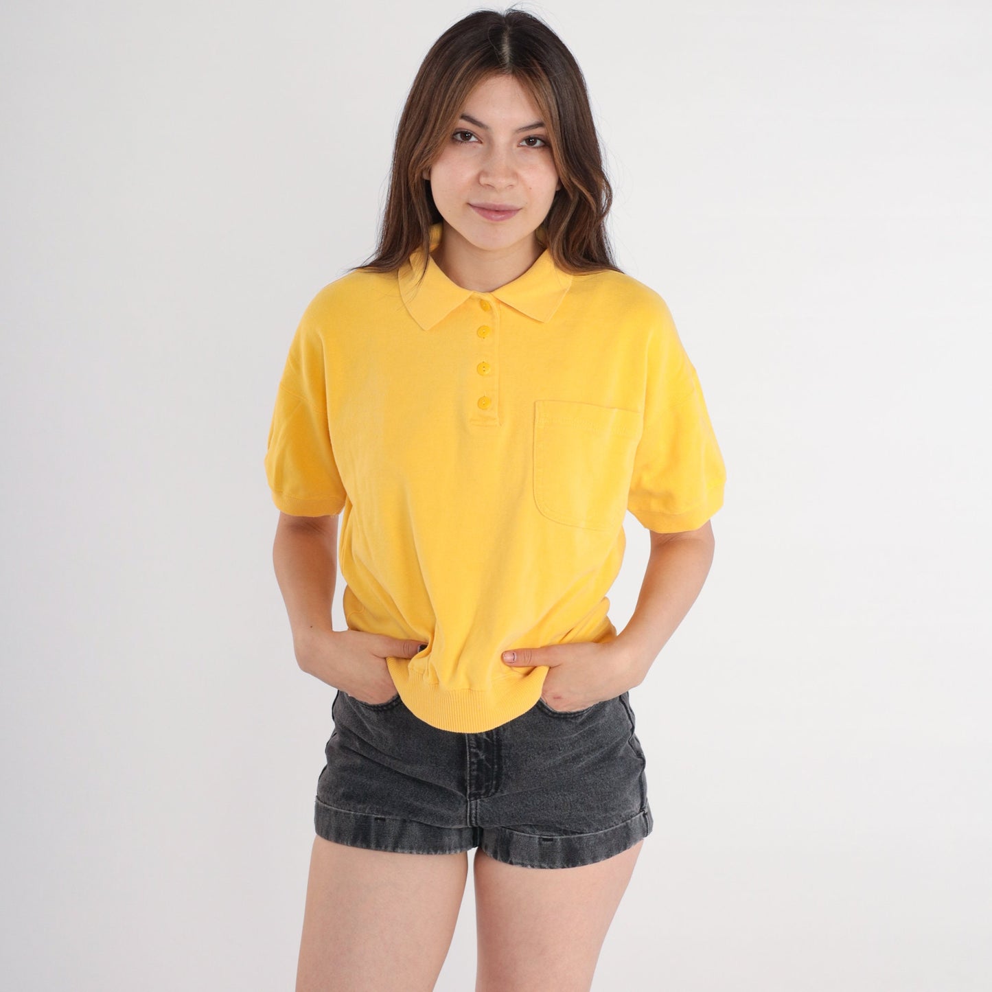 80s Yellow Polo Shirt Cotton Blend Chest Pocket Short Sleeve Medium