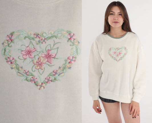 90s Floral Heart Embroidered Sweatshirt Cream Crewneck Pullover Large