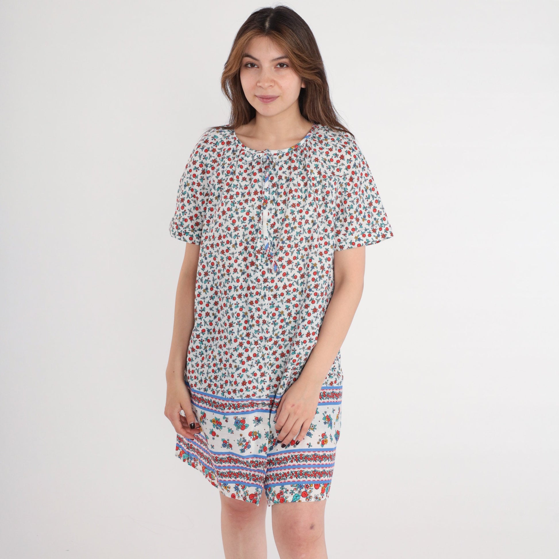 80s Leisure Life Floral Mini Nightgown Pearl Snap White Small