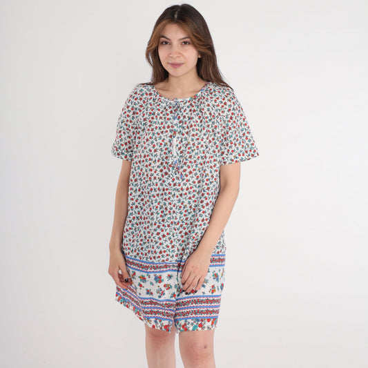 80s Leisure Life Floral Mini Nightgown Pearl Snap White Small