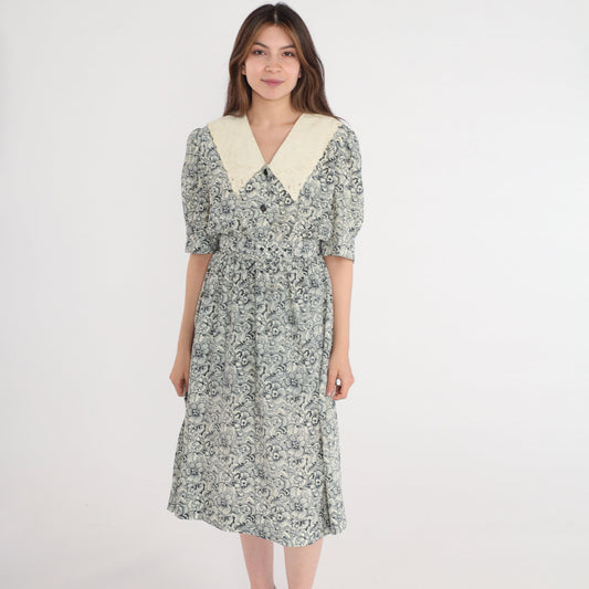 80s Black White Floral Embroidered Collar Puff Sleeve Mini Dress Medium