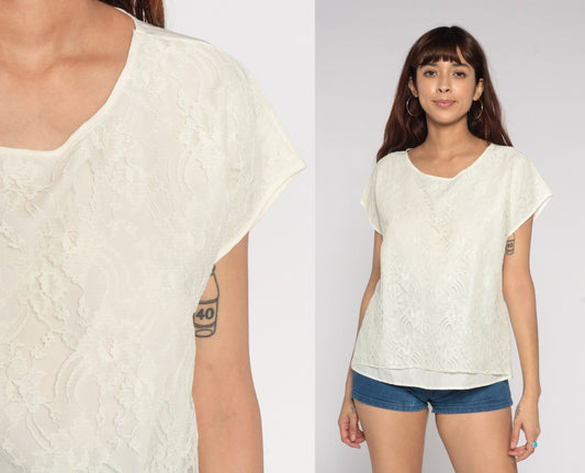 70s White Lace Blouse Cap Sleeve Scoop Neck Layered Front Large