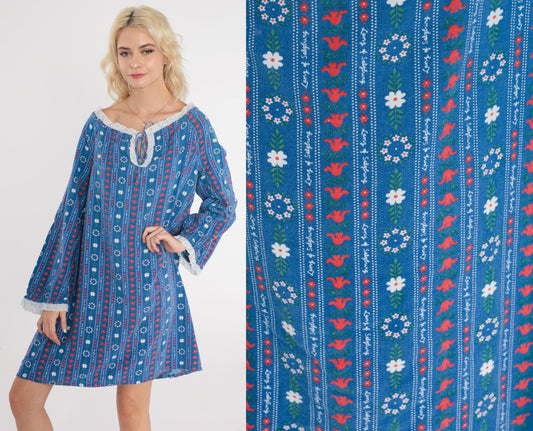 70s Lanz of Salzburg Floral Nightgown Eyelet Lace Keyhole Neck Blue Medium