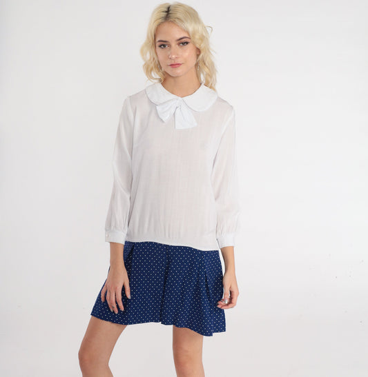 60s Mod Mini Dress Peter Pan Collar Drop Waist White Navy Polka Dot Extra Small