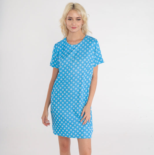 60s Blue Polka Dot Shift Dress Mini Mod Space Age Short Sleeve Small S