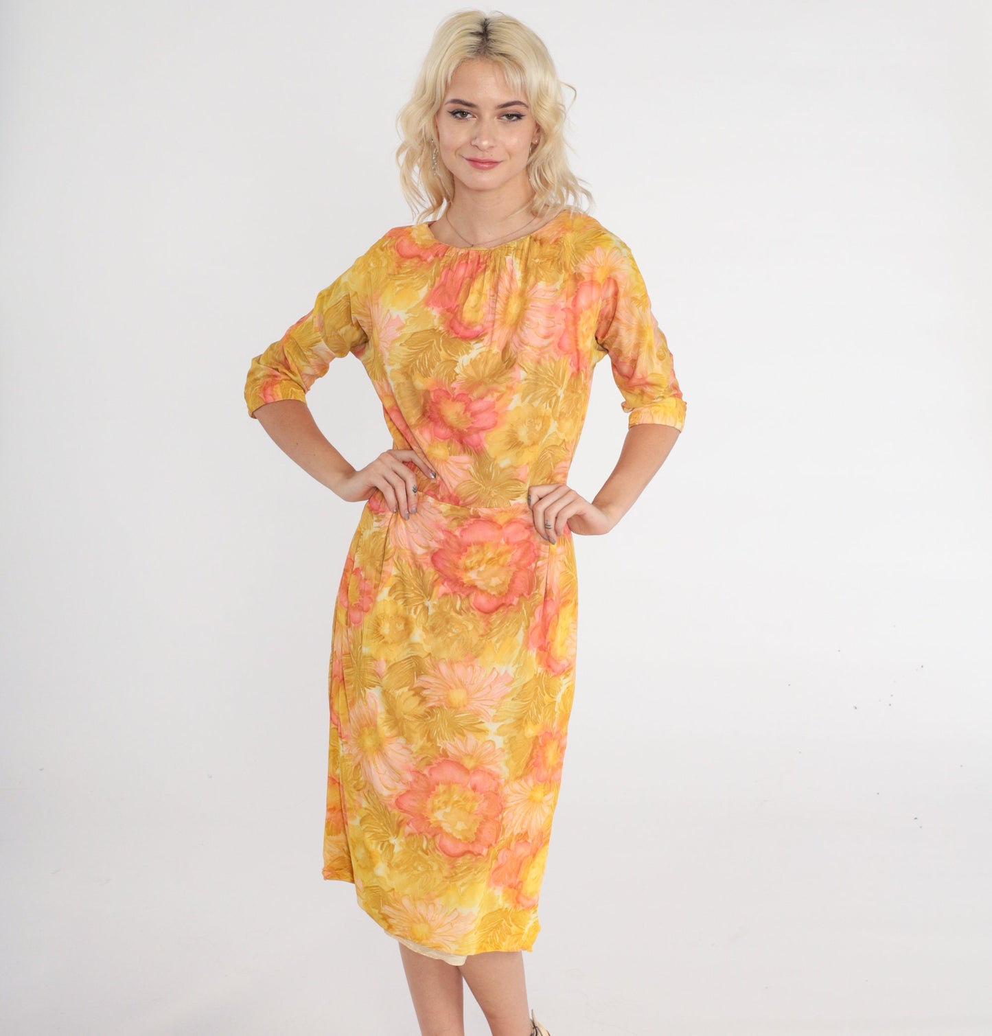 1960s Floral Watercolor Print Dress High Waist 3/4 Sleeve Midi Yellow Green Small