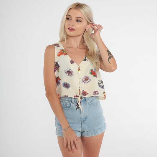 90s Floral Gardening Crop Top Cream Button-Up Tank Tie Waist Large
