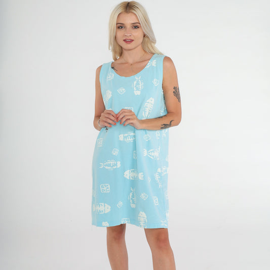 90s Fish Print Sundress Aqua Blue Sleeveless Shift Mini Dress Small