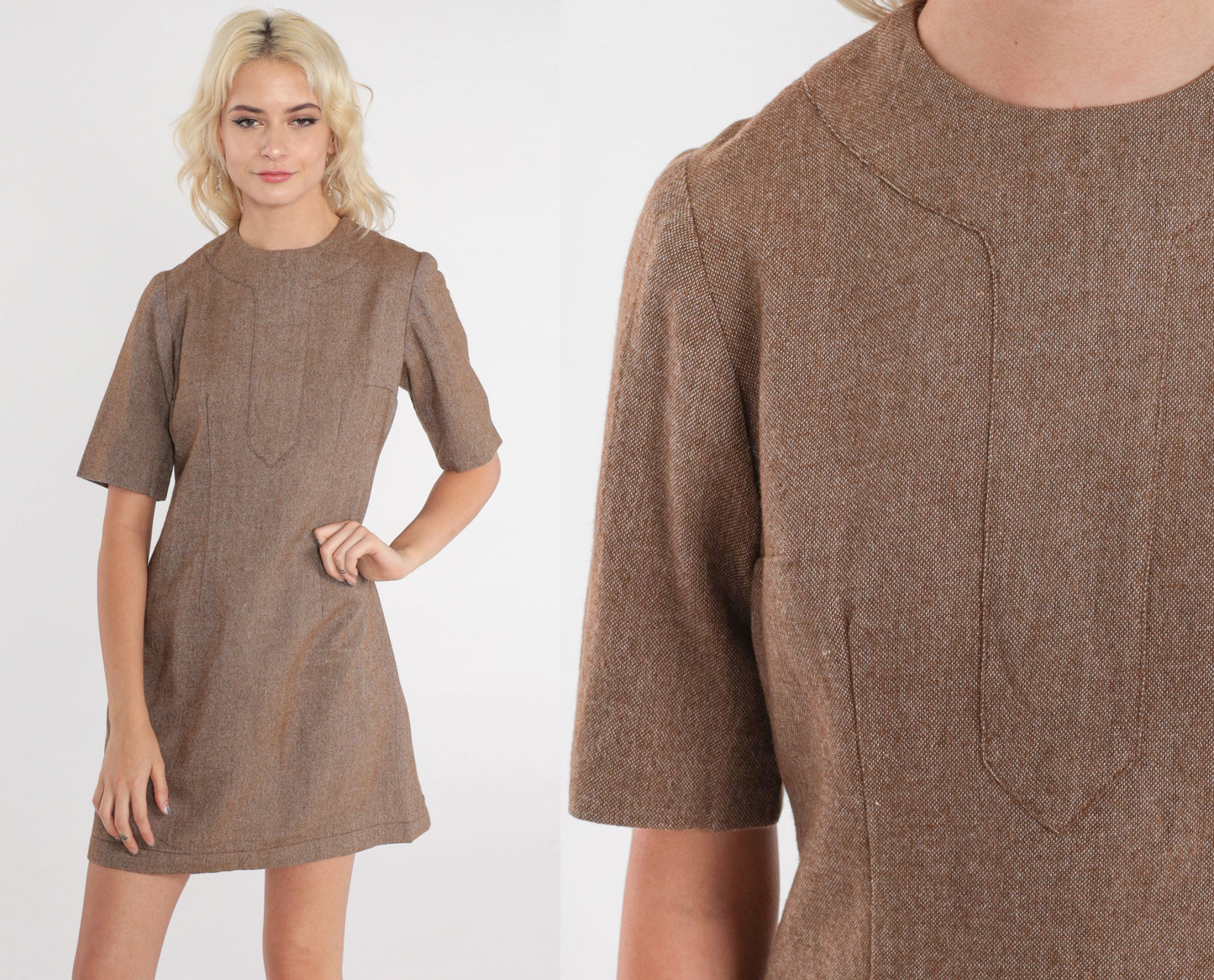 60s Brown Wool Mini Dress Mod Sheath Short Sleeve Extra Small