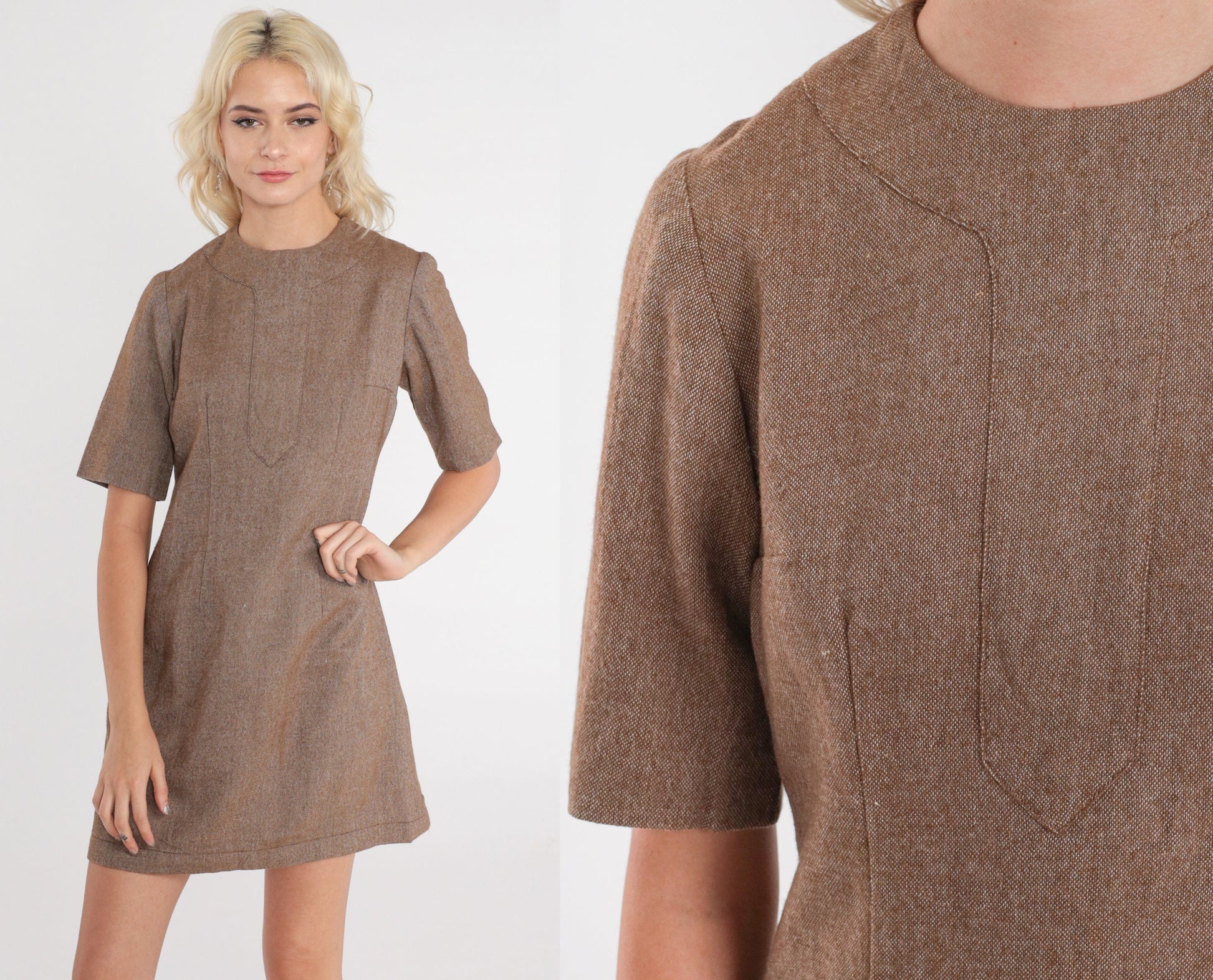 60s Brown Wool Mini Dress Mod Sheath Short Sleeve Extra Small