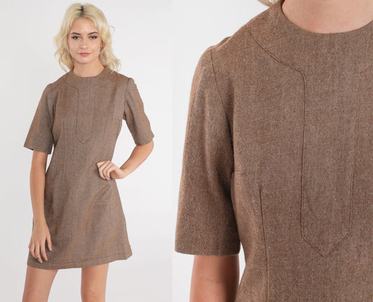 60s Brown Wool Mini Dress Mod Sheath Short Sleeve Extra Small