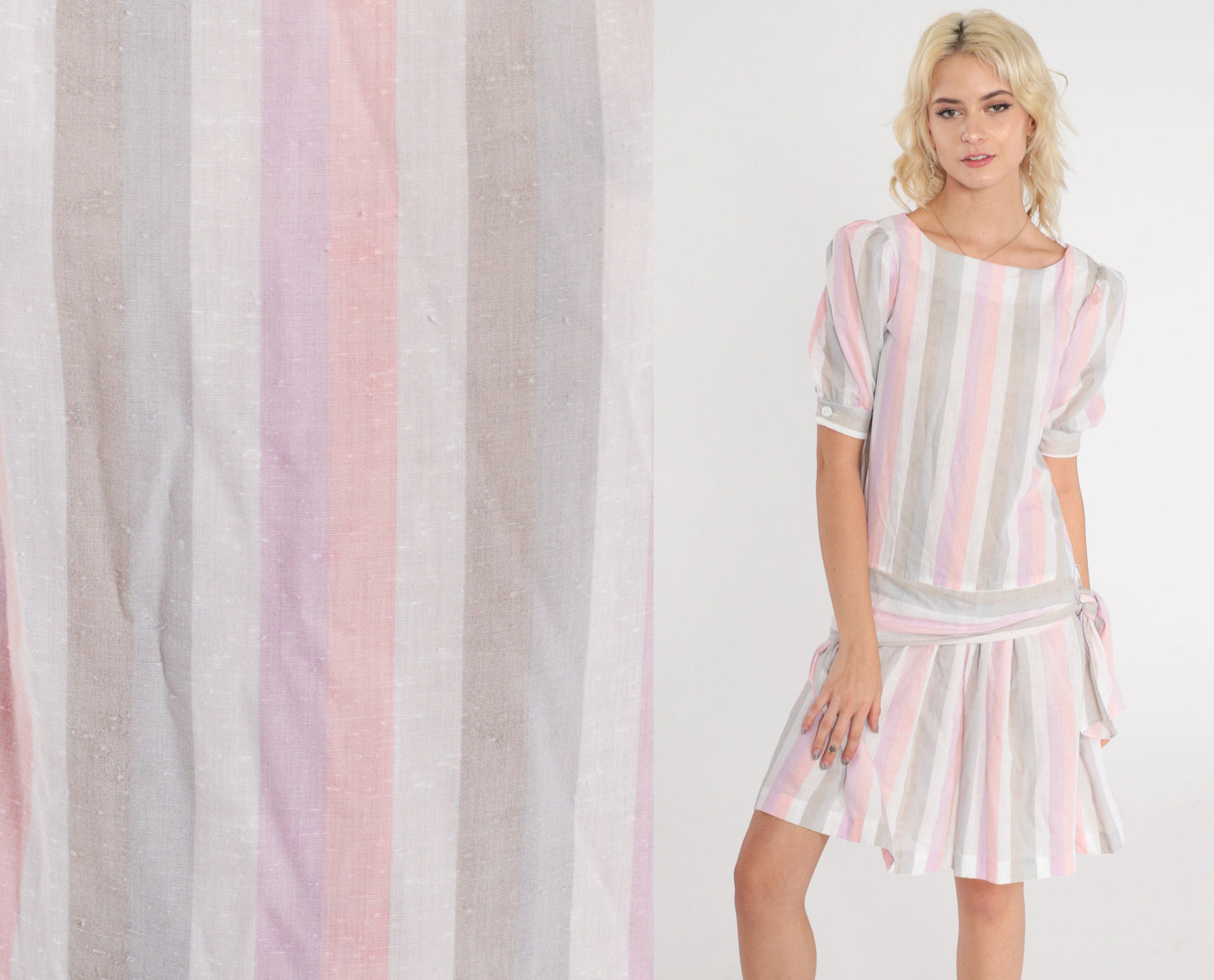 80s Striped Mini Dress Puff Sleeve Drop Waist Tie Side Pink Purple Small