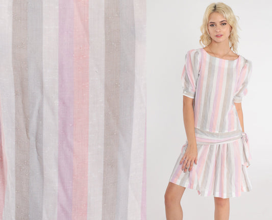 80s Striped Mini Dress Puff Sleeve Drop Waist Tie Side Pink Purple Small