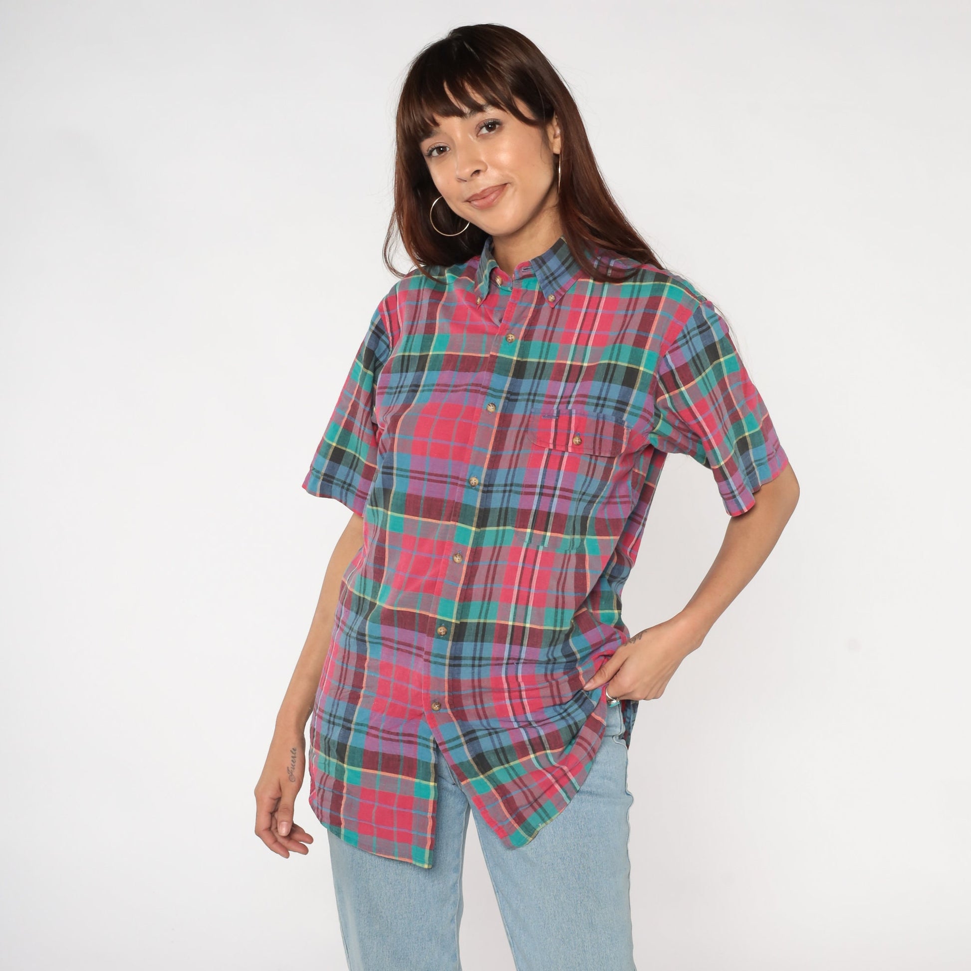 90s Plaid Button-Up Shirt Pink Blue Green Checkered Cotton Medium M