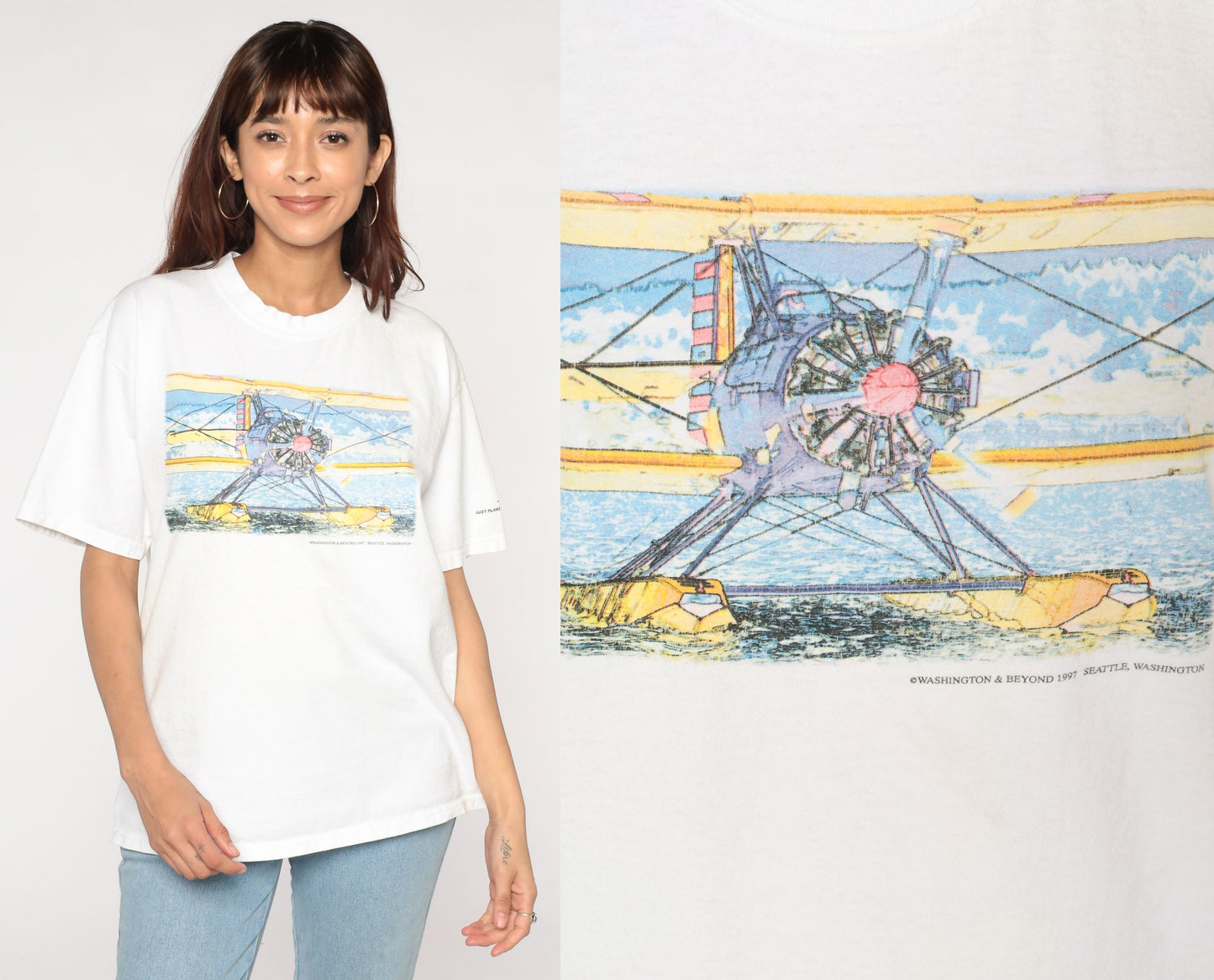1990s Seaplane Graphic T-Shirt Washington and Beyond Aviation Tee White Large