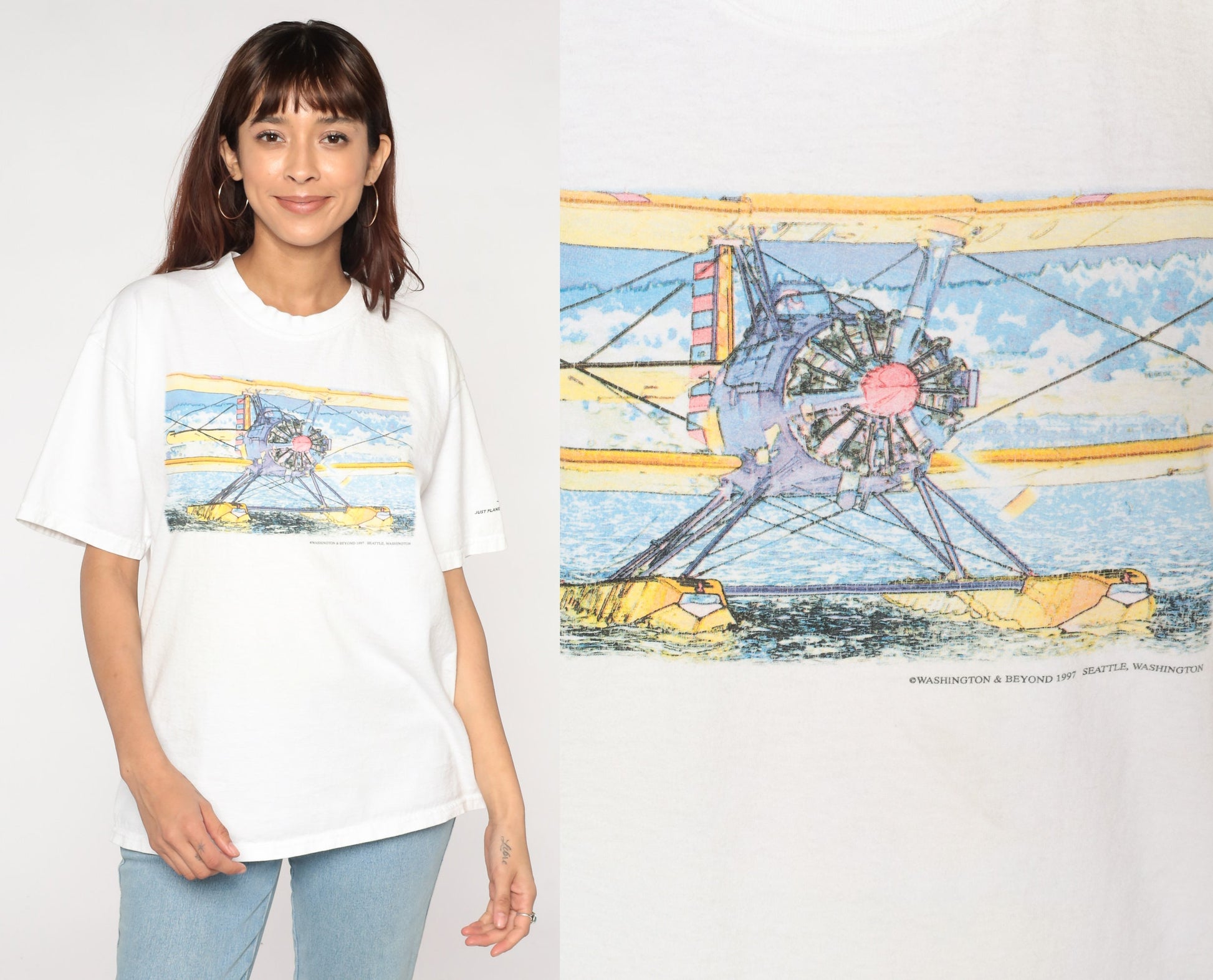 1990s Seaplane Graphic T-Shirt Washington and Beyond Aviation Tee White Large