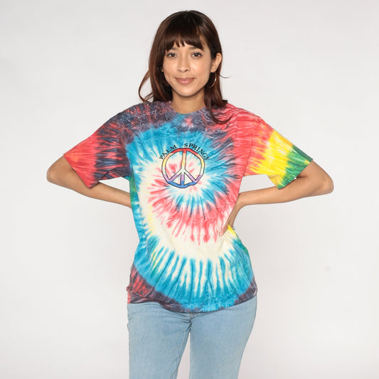 Y2K Palm Springs Tie Dye T-Shirt Peace Sign Graphic Cotton Tee Medium M