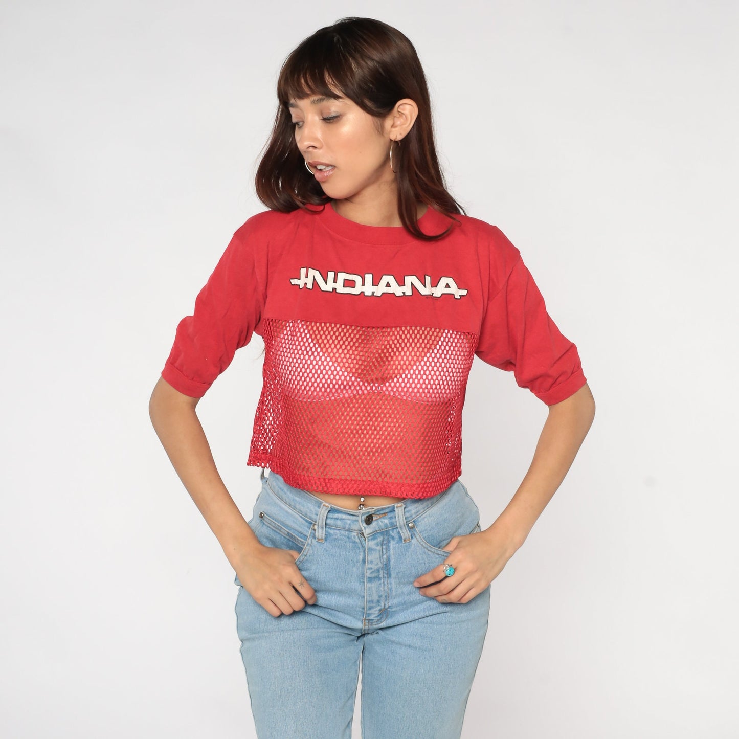 80s Indiana University Mesh Crop Top Red Sheer T-Shirt Medium