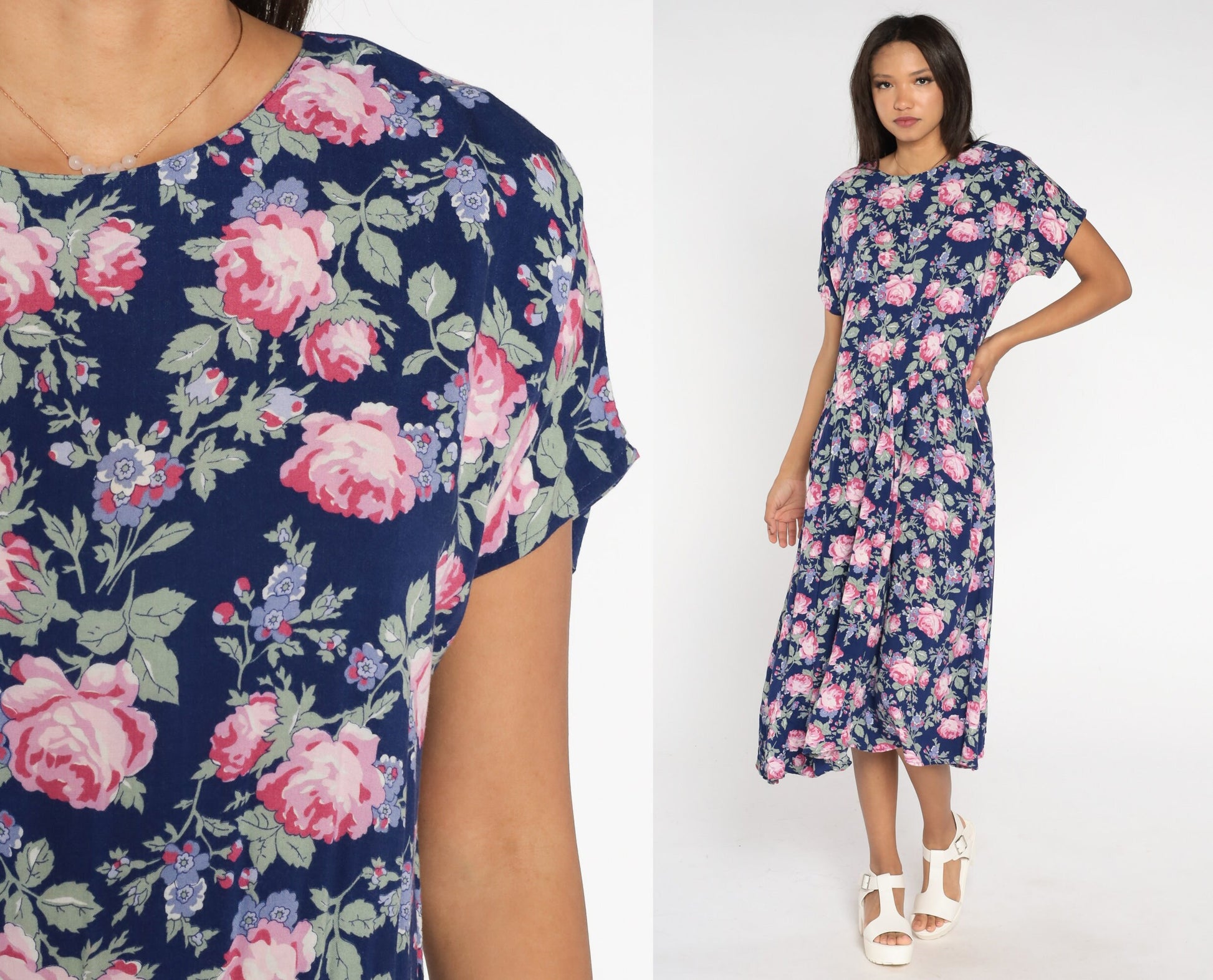 90s Paquette Too Floral Midi Dress Blue Rose Print Low Waist Medium