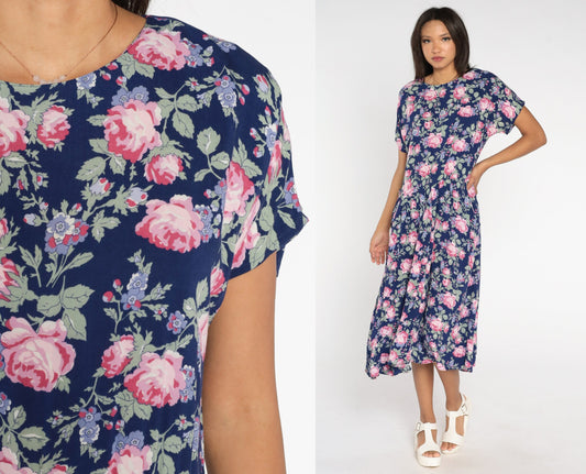 90s Paquette Too Floral Midi Dress Blue Rose Print Low Waist Medium