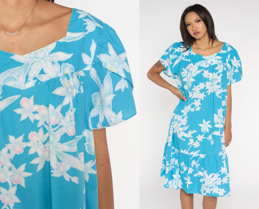 90s Hawaiian Tropical Floral Midi Dress Blue Tent Cut Tulip Sleeve Large