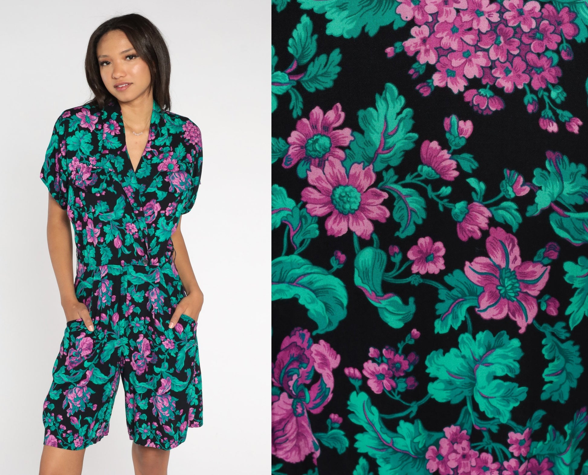 80s Floral Wrap Romper High Waist Wide Leg Black Green Purple Medium