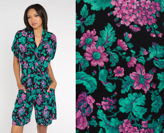 80s Floral Wrap Romper High Waist Wide Leg Black Green Purple Medium