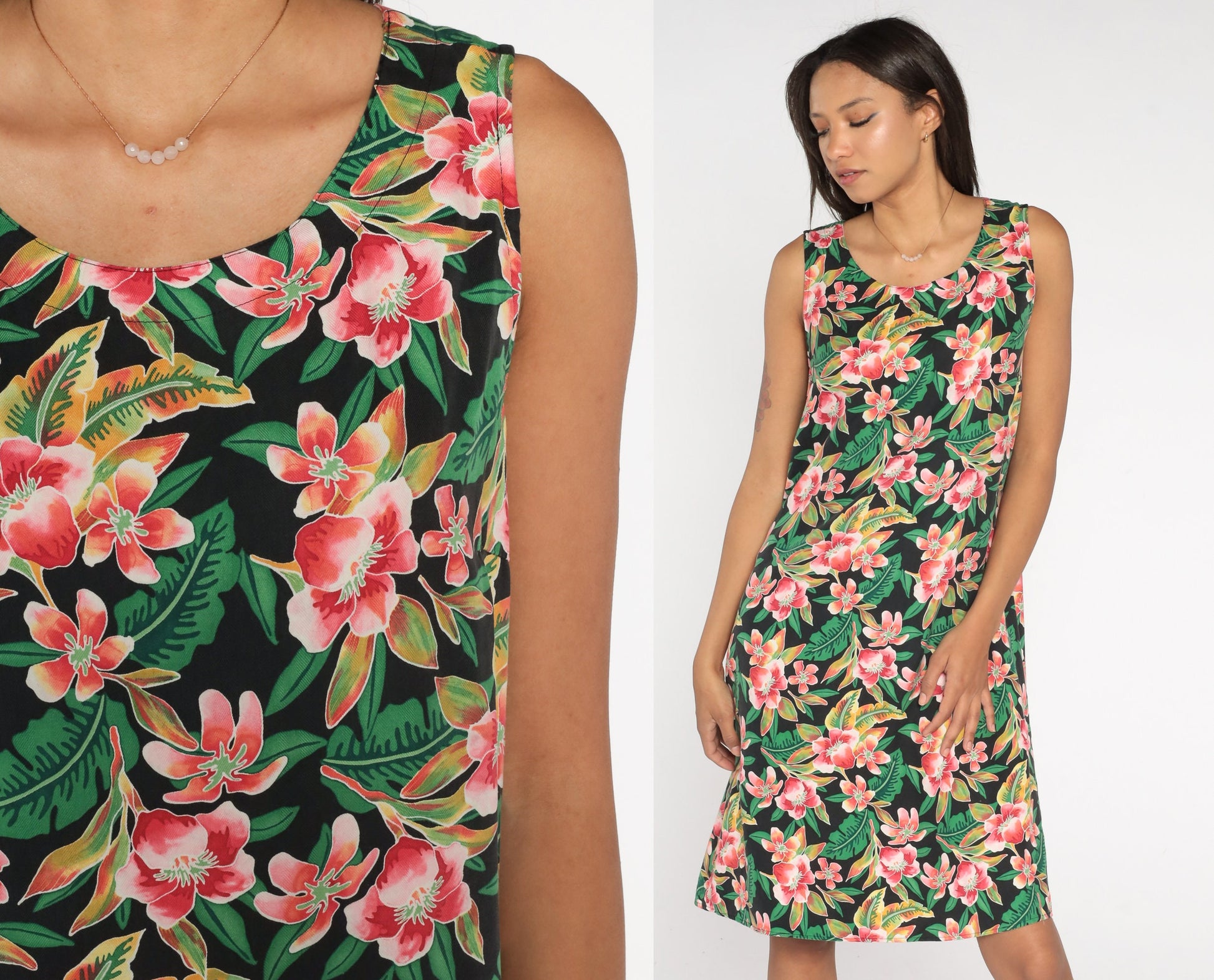 90s Coldwater Creek Silk Hawaiian Midi Dress Black Floral Sleeveless Large