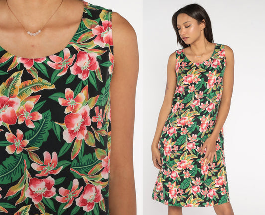 90s Coldwater Creek Silk Hawaiian Midi Dress Black Floral Sleeveless Large