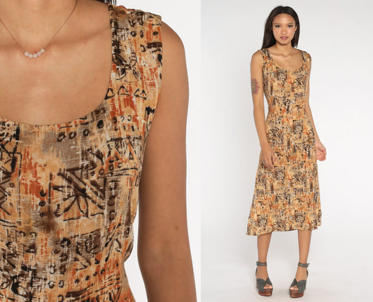 90s Notations Floral Midi Dress Geometric Print Tan Brown Orange Petite Large