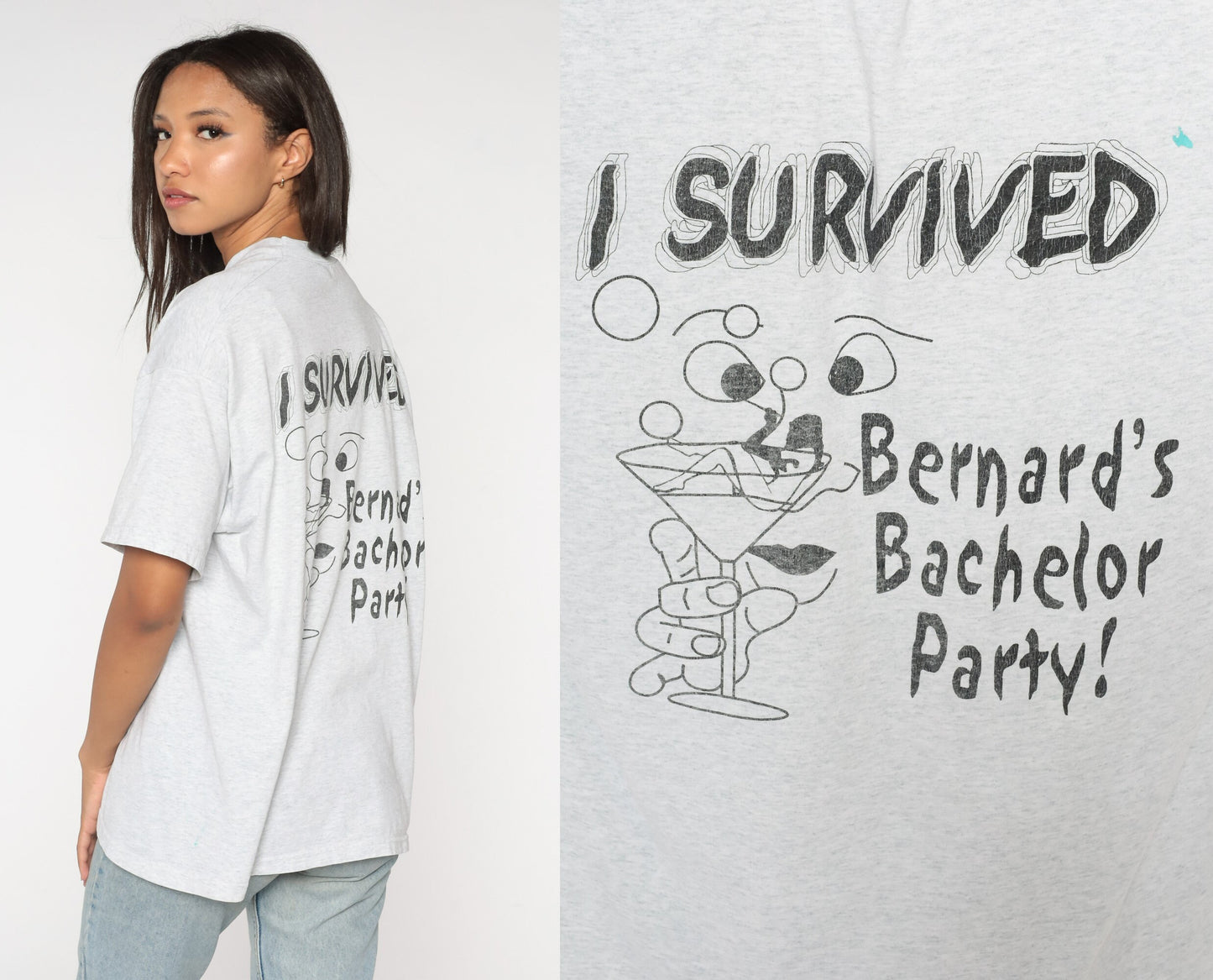 90s Bernard's Bachelor Party Graphic T-Shirt Grey Cocktail Tee Extra Large