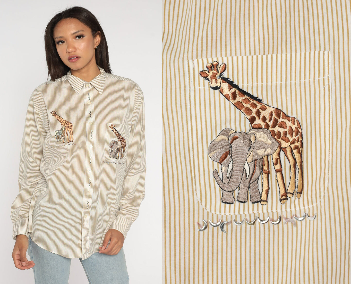 90s Safari Animal Shirt Giraffe Elephant Zebra Button Up Studs Medium