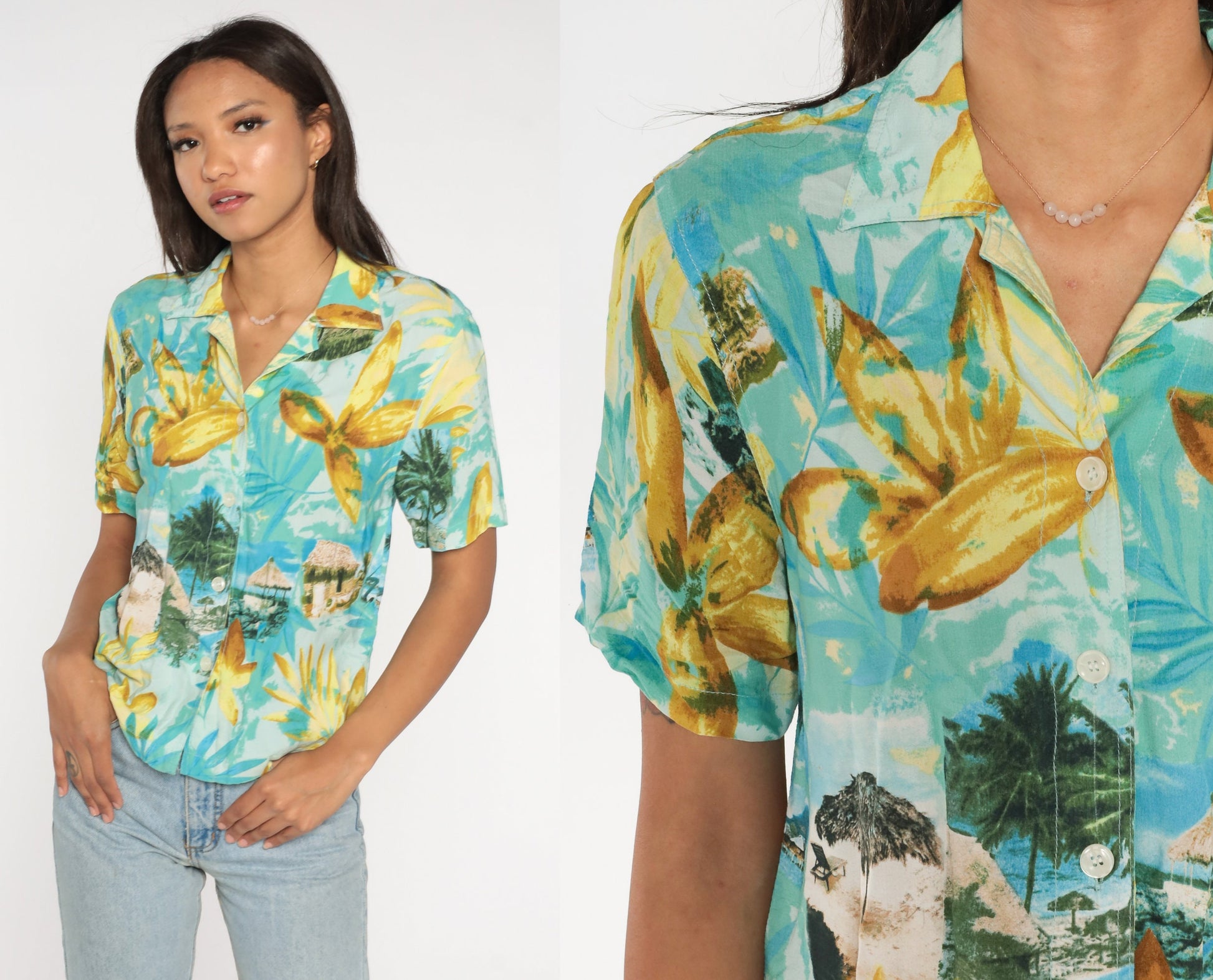 Y2K Hawaiian Floral Button-Up Shirt Blue Tropical Cabana Print Small