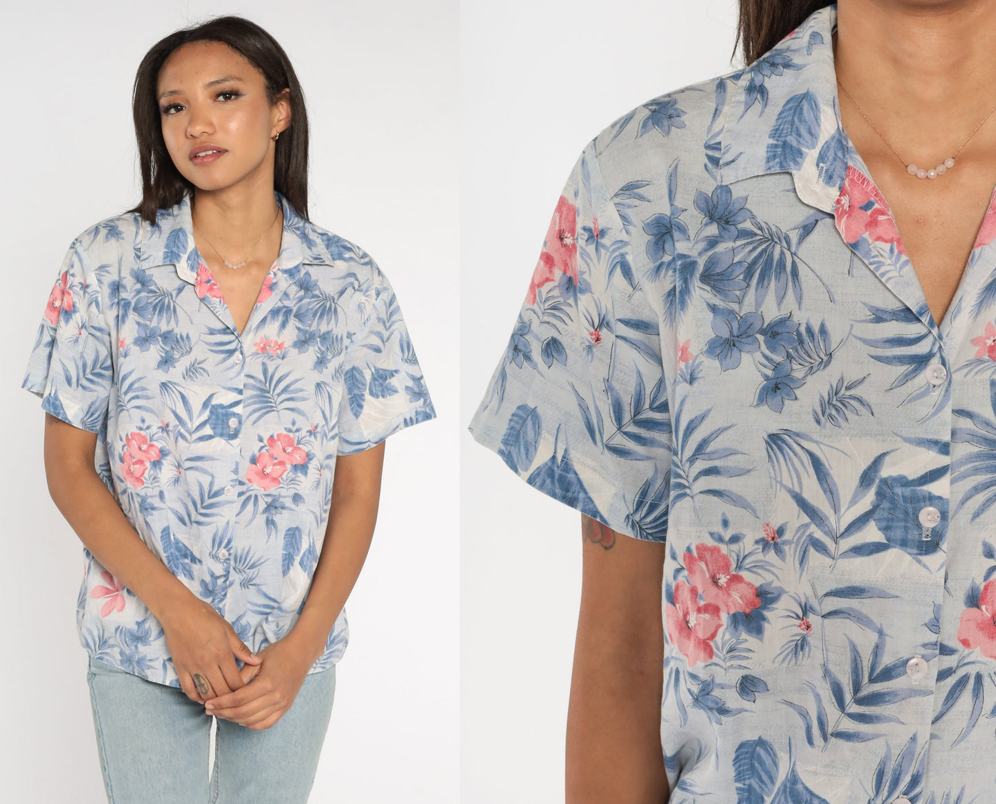 90s Floral Button Up Shirt Blue Pink Short Sleeve Blouse Large