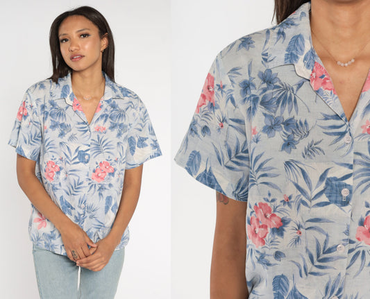 90s Floral Button Up Shirt Blue Pink Short Sleeve Blouse Large