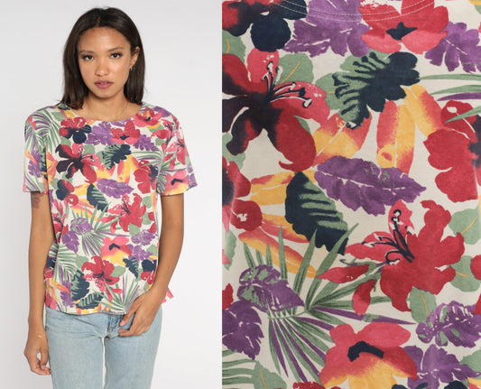 90s Jaclyn Smith Tropical Floral Blouse Off-White Multicolor Print Medium