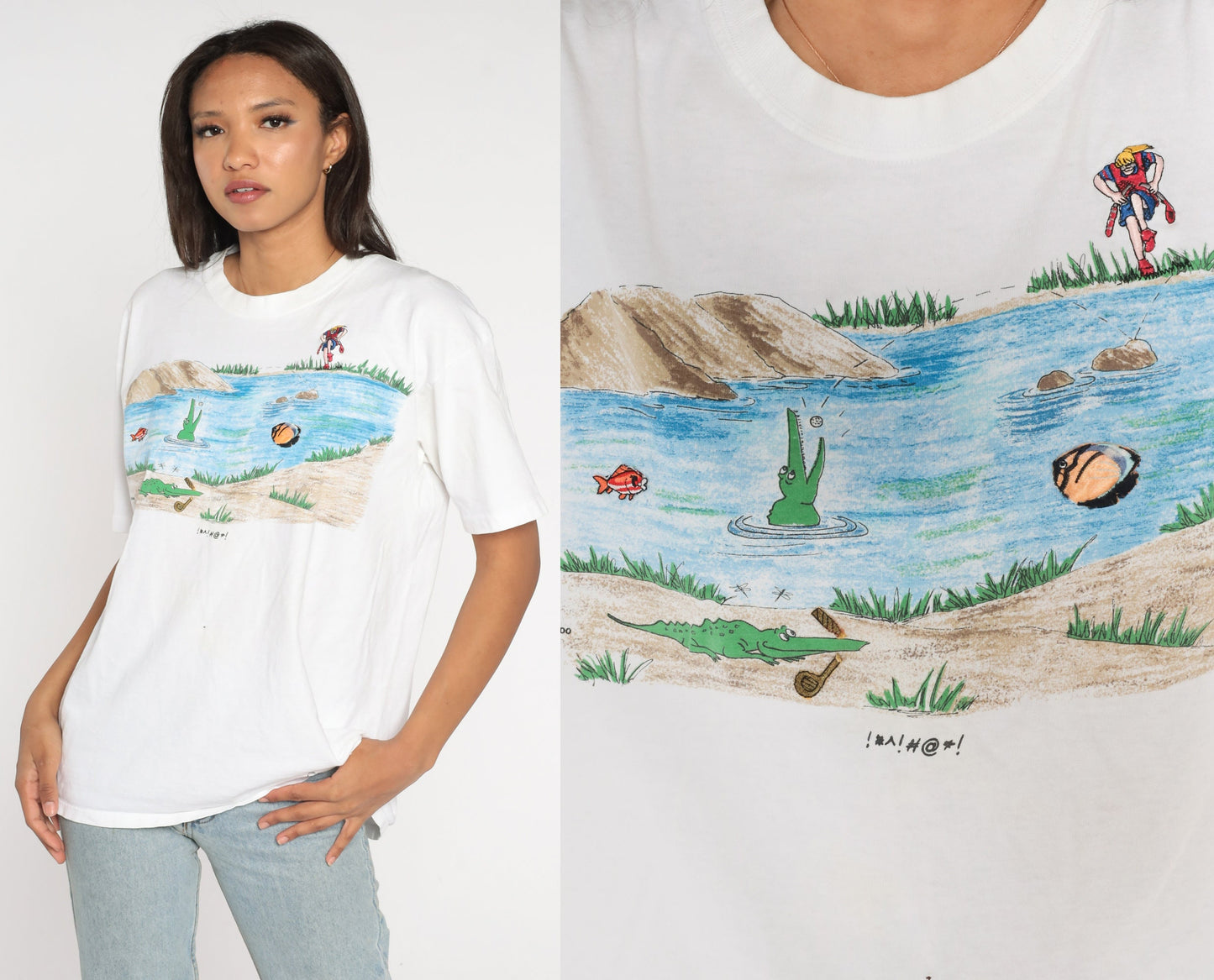 90s Golf Shirt Golfer Alligator Pond Graphic Tee White Cotton Large