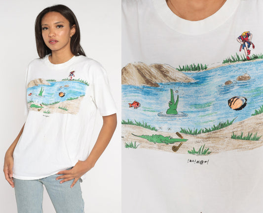 90s Golf Shirt Golfer Alligator Pond Graphic Tee White Cotton Large