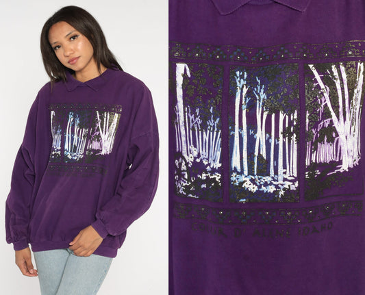 90s Coeur d'Alene Idaho Purple Forest Sweatshirt Graphic Cotton Extra Large