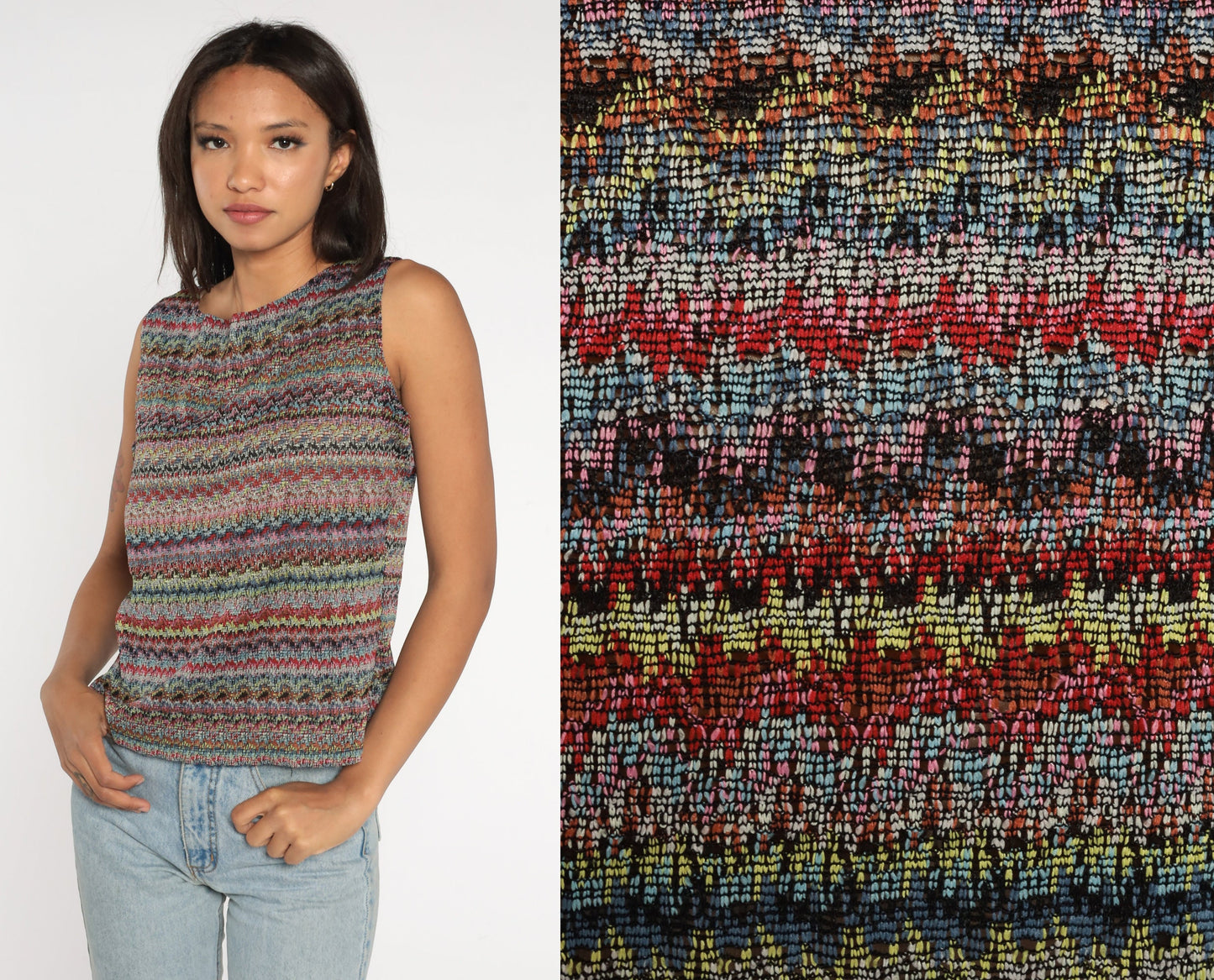 Y2K Striped Rainbow Tank Top Sleeveless Blouse Large