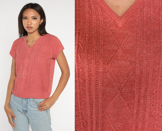 80s Koret Career Coral Cable Knit Sweater V-Neck Cap Sleeve Medium
