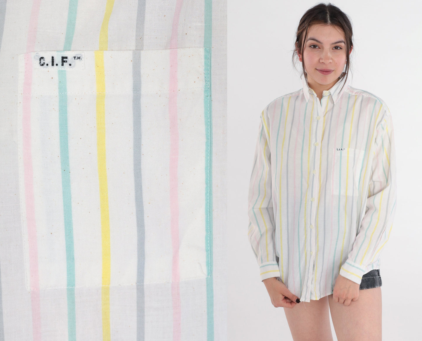 90s C.I.F Pastel Striped Cotton Button-Up Blouse White Long Sleeve Medium