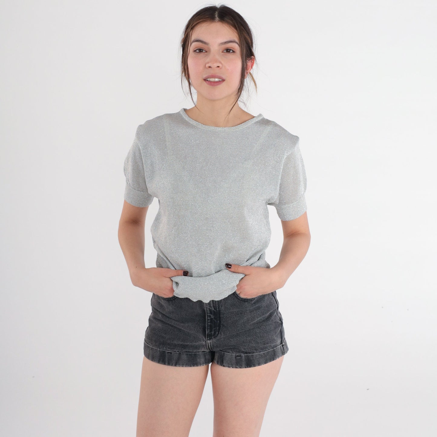 80s Silver Metallic Knit Top Short Sleeve Sweater Small S
