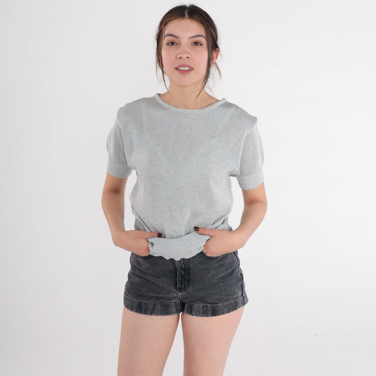 80s Silver Metallic Knit Top Short Sleeve Sweater Small S